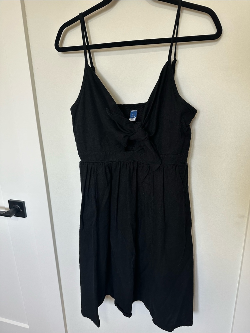 Black Linen Feel Spaghetti-Strap Dress with Front Tie